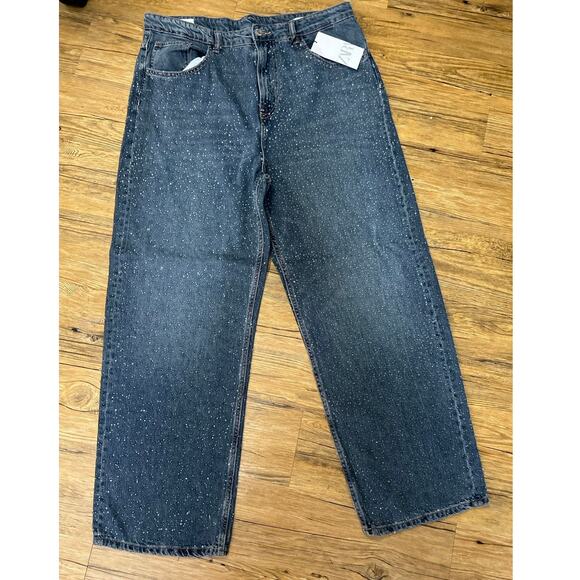 Nwt- Zara OVERSIZE TRF RELAXED TAPERED RHINESTONE JEANS WITH A HIGH WAIS… - Picture 3 of 7